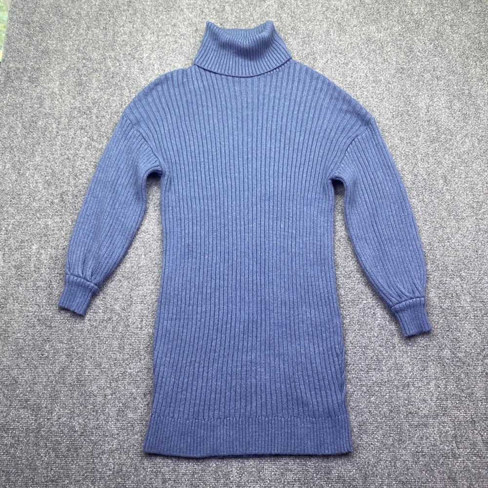 Anrabess Womens Blue Ribbed Turtleneck Long Sleeve Mini Sweater Dress Size S